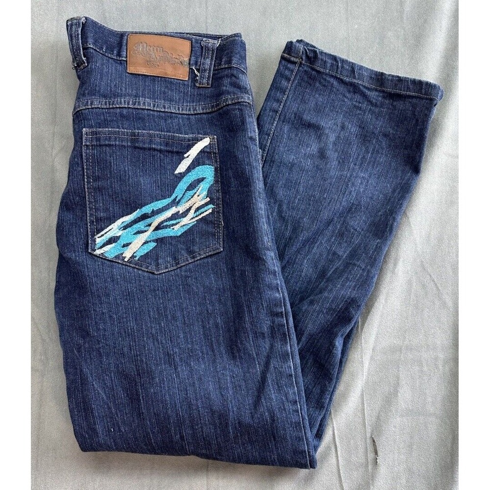 Mecca Jeans Mens 38x32 Blue Denim Straight Y2K Dark Wash Embroidered Pocket